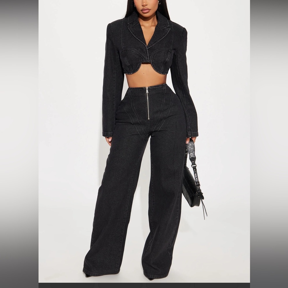 Block You Out Non Stretch Denim Bolero Jacket and Block You Out WideLeg JeansSet